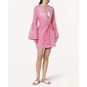 Melissa Odabash Everly Pink White Embroidered Linen Cotton Kaftan Dress Size M